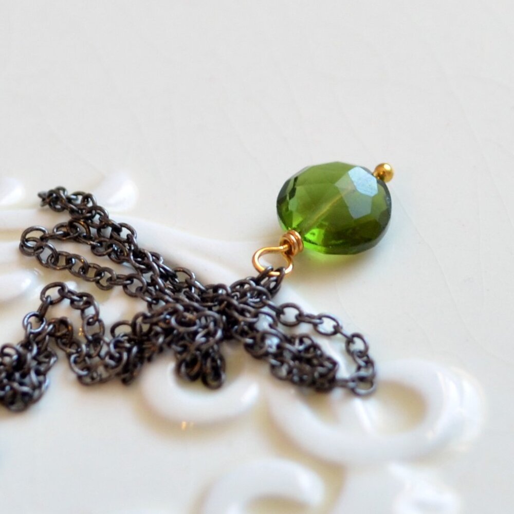 Olive Green Quartz Pendant Necklace with Black Chain